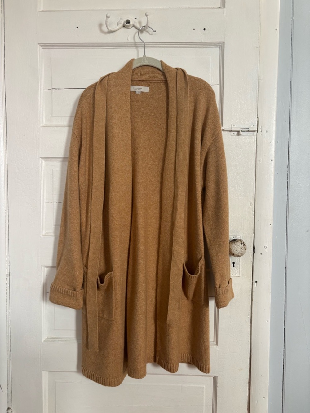 LOFT Camel Open-Front Hooded Cardigan Sweater